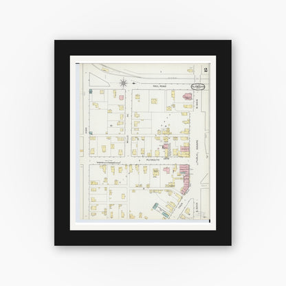 Old map wall art mockup — black gallery frame with white mat — Sanborn Fire Insurance Map from Plymouth, Huron And Richland Counties, Ohio (1893), Sheet #0002