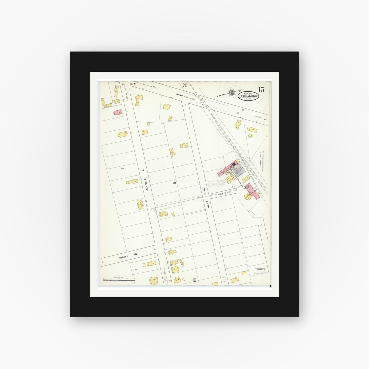 Old map wall art mockup — black gallery frame with white mat — Sanborn Fire Insurance Map from East Hampton, Hampshire County, Massachusetts (1916), Sheet #0015