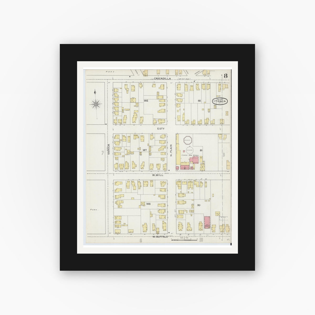 Old map wall art mockup — black gallery frame with white mat — Sanborn Fire Insurance Map from Ithaca, Tompkins County, New York (1893), Sheet #0008