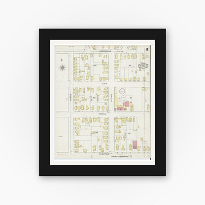Old map wall art mockup — black gallery frame with white mat — Sanborn Fire Insurance Map from Ithaca, Tompkins County, New York (1893), Sheet #0008