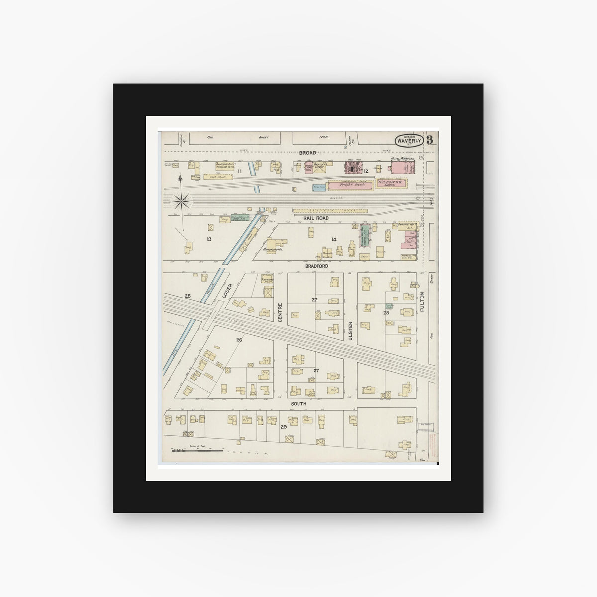 Old map wall art mockup — black gallery frame with white mat — Sanborn Fire Insurance Map from Waverly, Tioga County, New York (1888), Sheet #0003