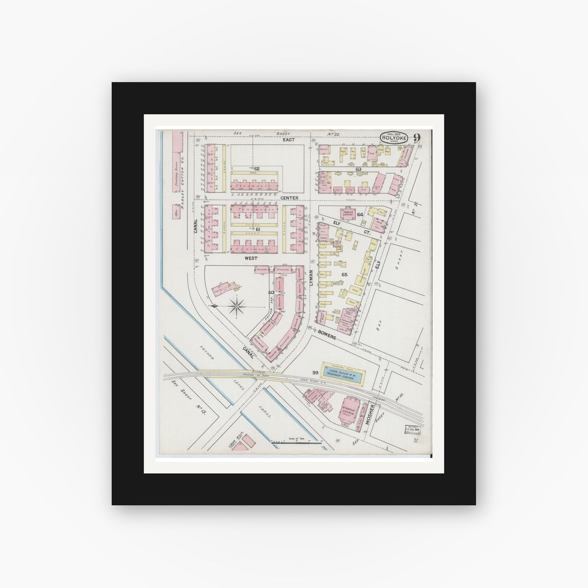 Old map wall art mockup — black gallery frame with white mat — Sanborn Fire Insurance Map from Holyoke, Hampden County, Massachusetts (1889), Sheet #0009