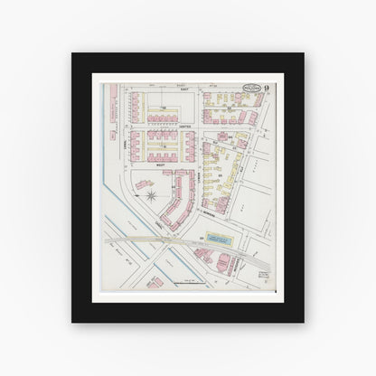 Old map wall art mockup — black gallery frame with white mat — Sanborn Fire Insurance Map from Holyoke, Hampden County, Massachusetts (1889), Sheet #0009