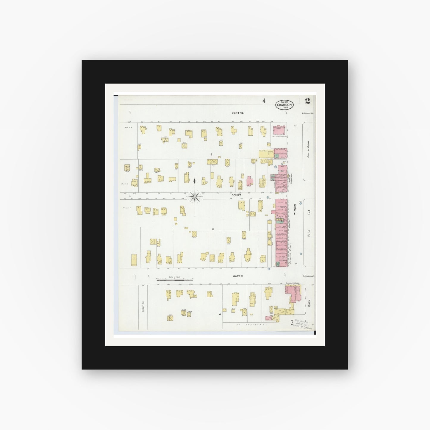 Old map wall art mockup — black gallery frame with white mat — Sanborn Fire Insurance Map from Chardon, Geauga County, Ohio (1899), Sheet #0002