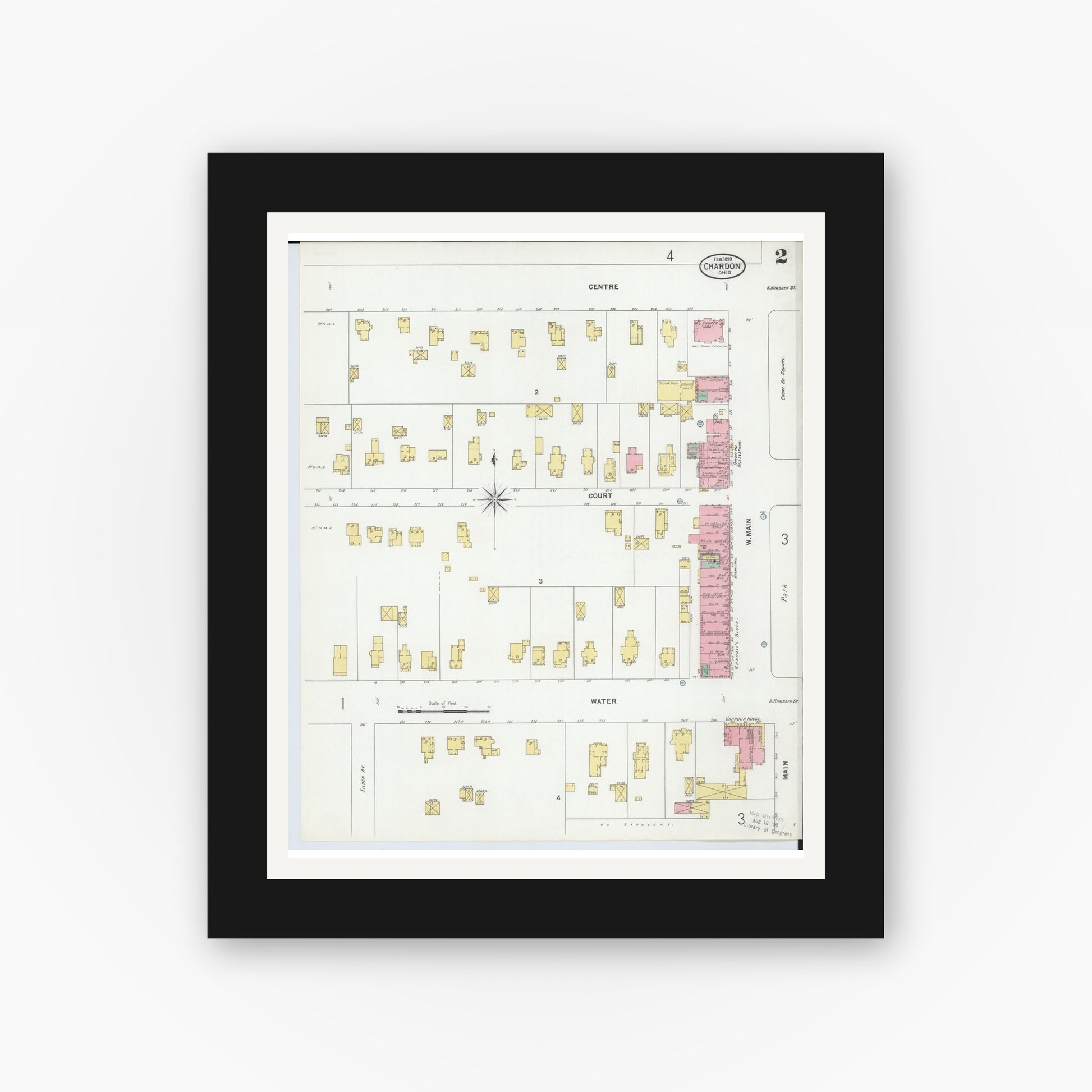 Old map wall art mockup — black gallery frame with white mat — Sanborn Fire Insurance Map from Chardon, Geauga County, Ohio (1899), Sheet #0002