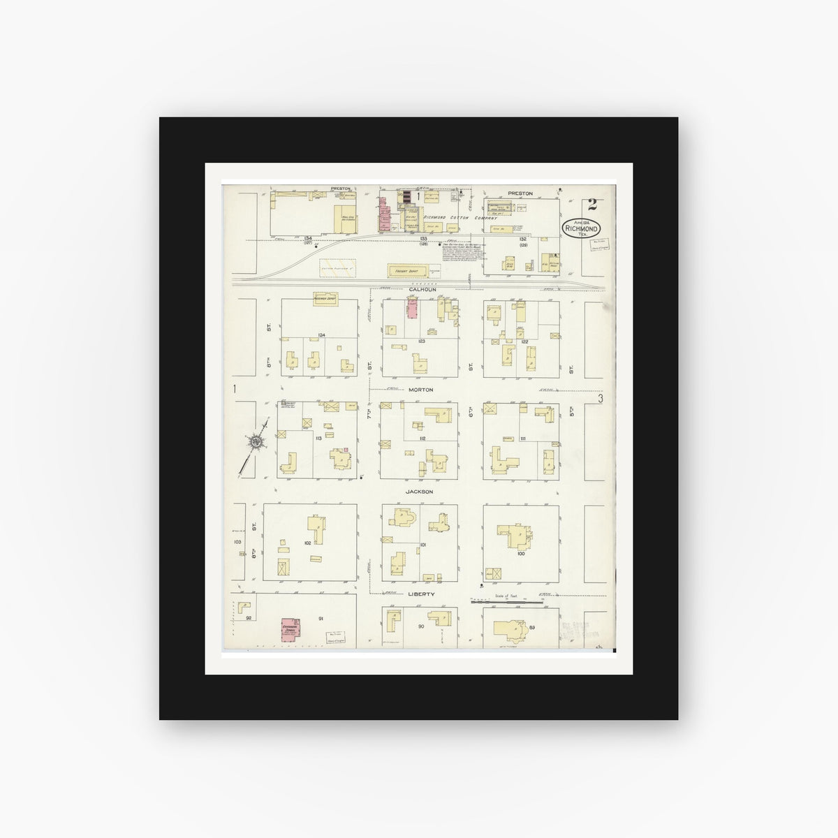 Old map wall art mockup — black gallery frame with white mat — Sanborn Fire Insurance Map from Richmond, Fort Bend County, Texas (1914), Sheet #0002