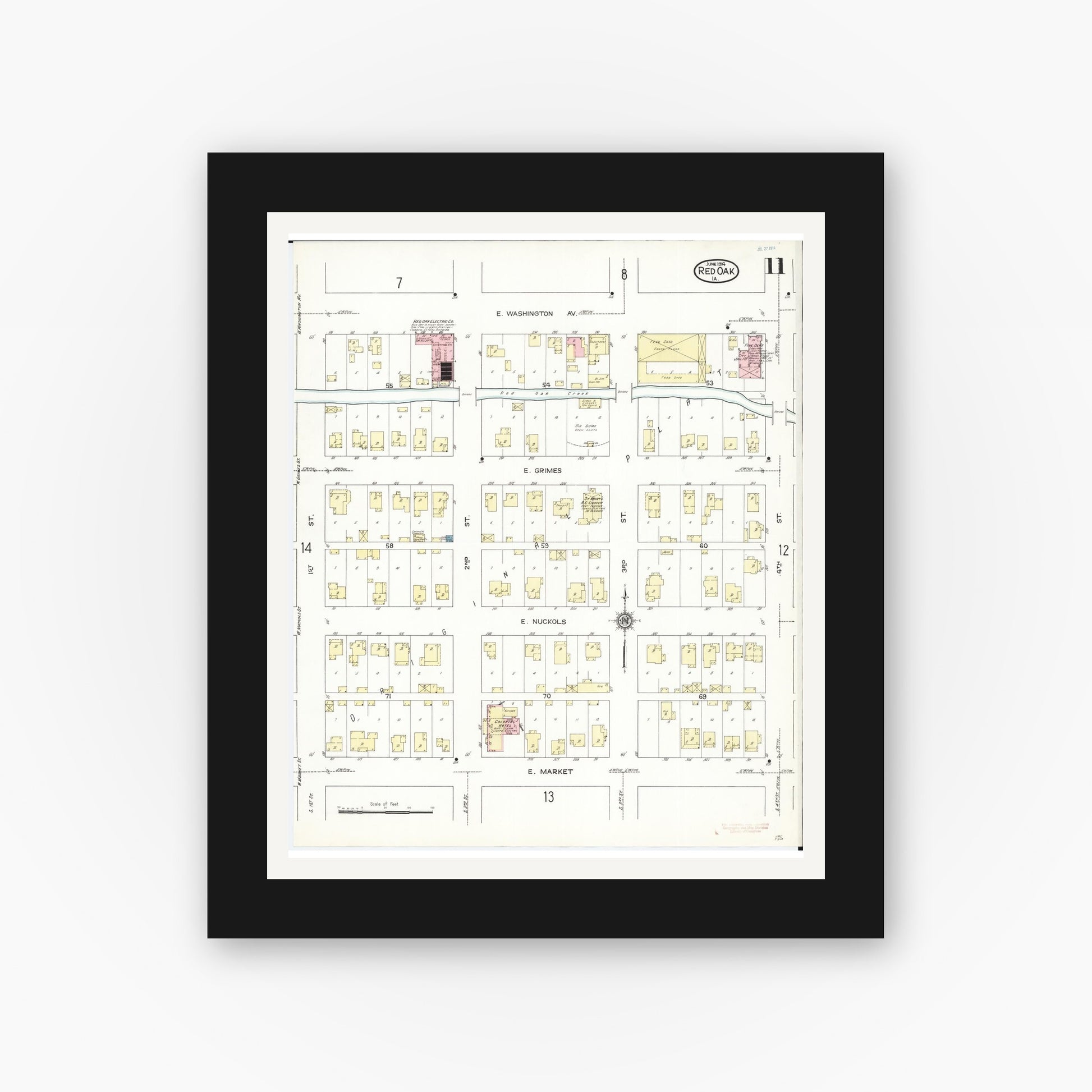 Old map wall art mockup — black gallery frame with white mat — Sanborn Fire Insurance Map from Red Oak, Montgomery County, Iowa (1914), Sheet #0011