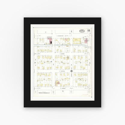 Old map wall art mockup — black gallery frame with white mat — Sanborn Fire Insurance Map from Red Oak, Montgomery County, Iowa (1914), Sheet #0011