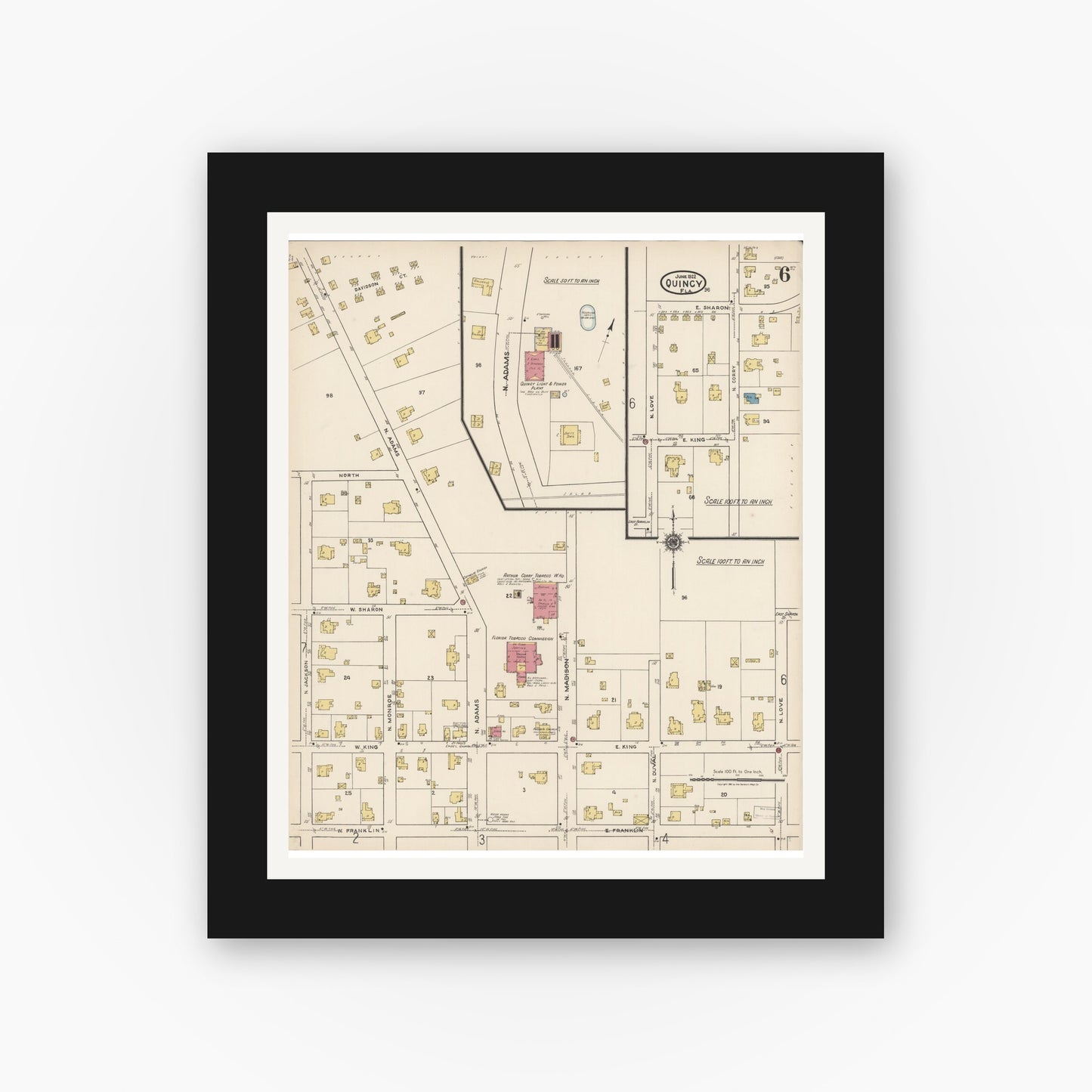 Old map wall art mockup — black gallery frame with white mat — Sanborn Fire Insurance Map from Quincy, Gadsden County, Florida (1922), Sheet #0006