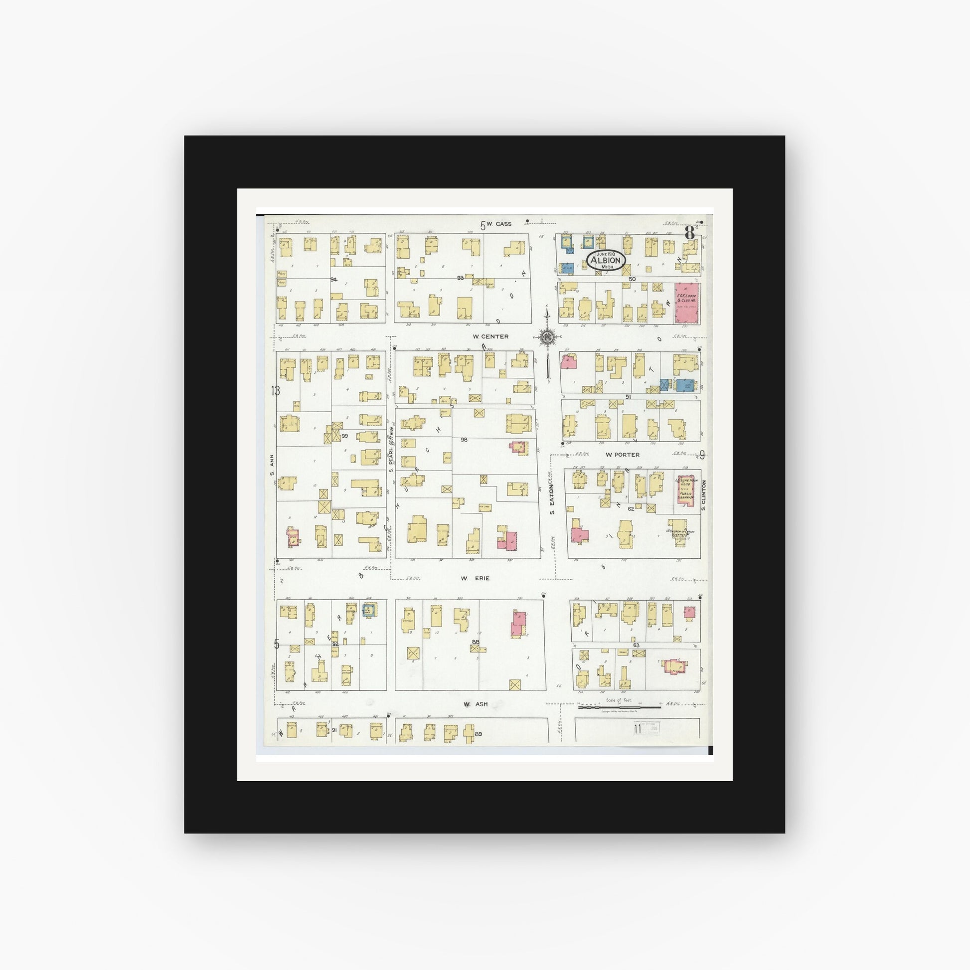 Old map wall art mockup — black gallery frame with white mat — Sanborn Fire Insurance Map from Albion, Calhoun County, Michigan (1918), Sheet #0008