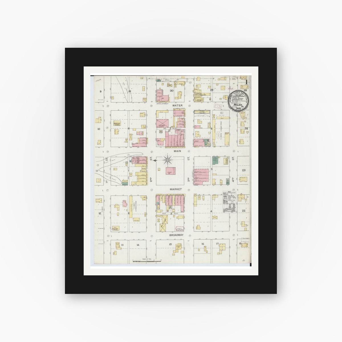 Old map wall art mockup — black gallery frame with white mat — Sanborn Fire Insurance Map from Milan, Sullivan County, Missouri (1893) - Complete Map Set