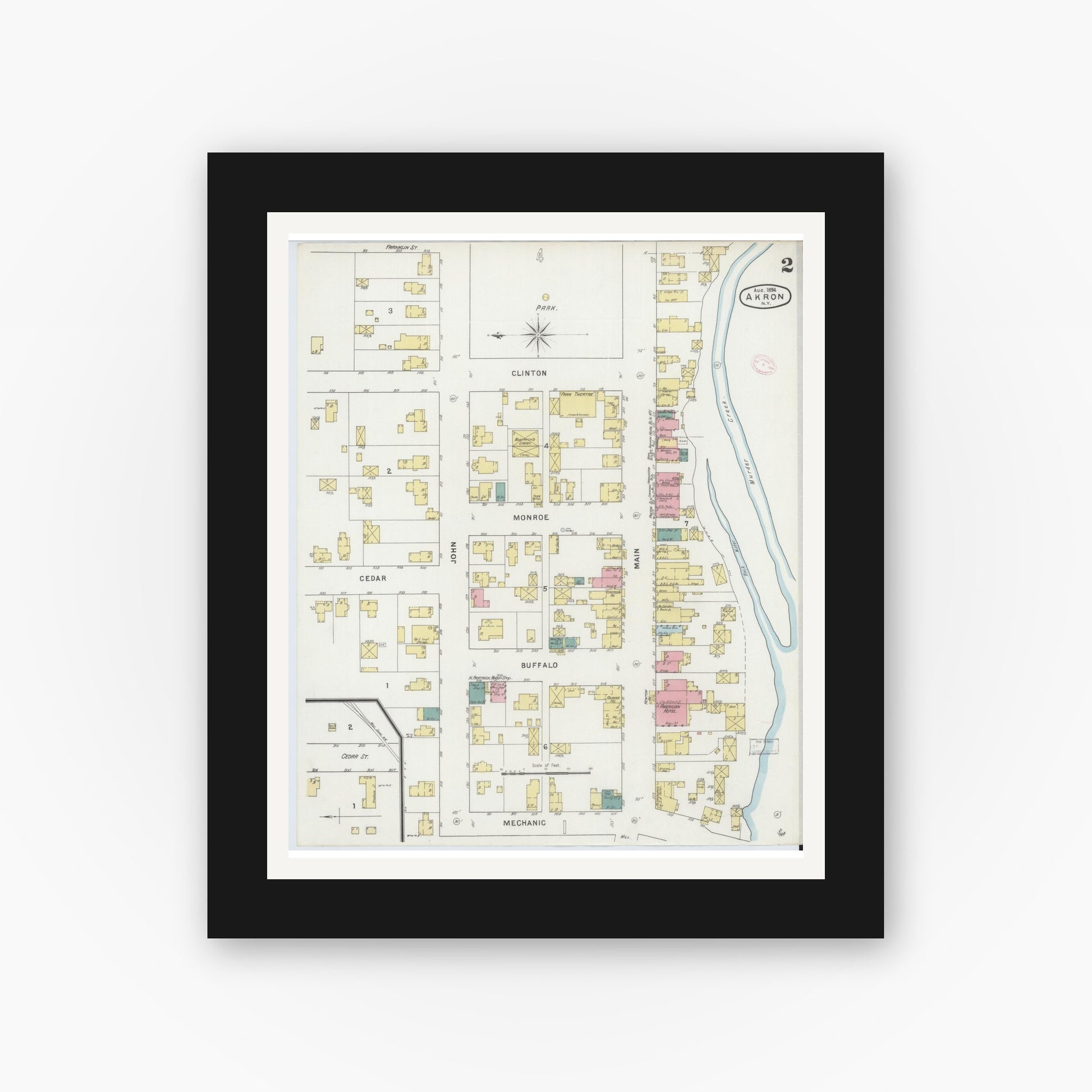 Old map wall art mockup — black gallery frame with white mat — Sanborn Fire Insurance Map from Akron, Erie County, New York (1894), Sheet #0002