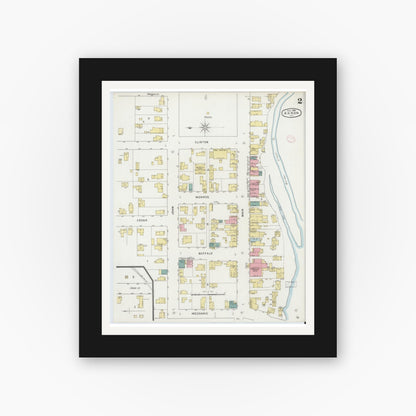 Old map wall art mockup — black gallery frame with white mat — Sanborn Fire Insurance Map from Akron, Erie County, New York (1894), Sheet #0002