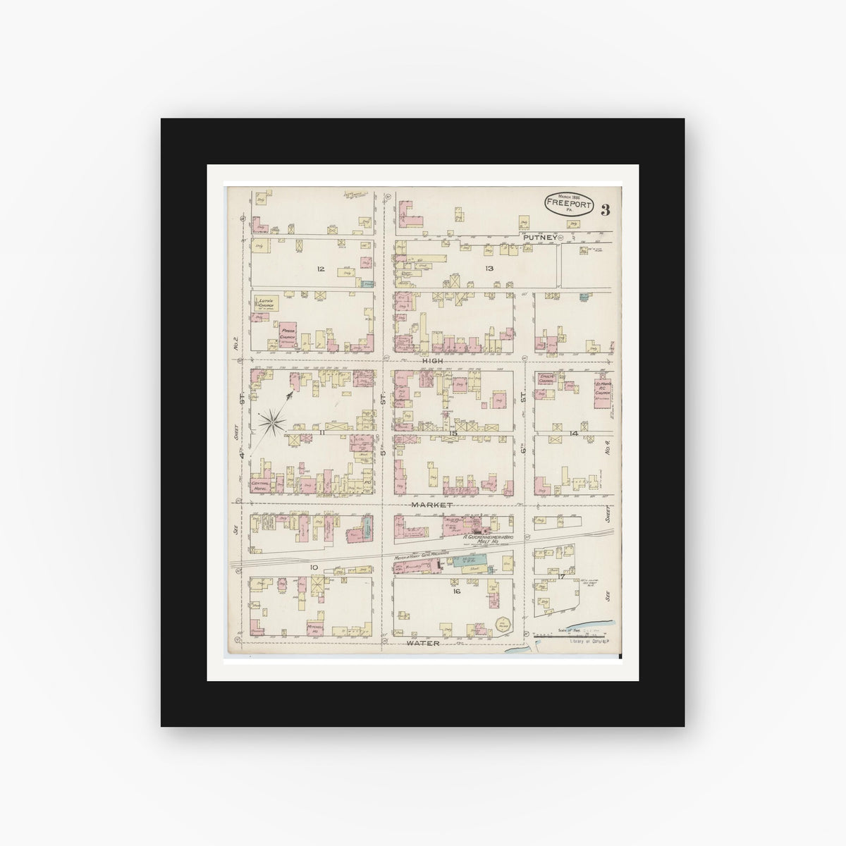 Old map wall art mockup — black gallery frame with white mat — Sanborn Fire Insurance Map from Freeport, Armstrong County, Pennsylvania (1886), Sheet #0003