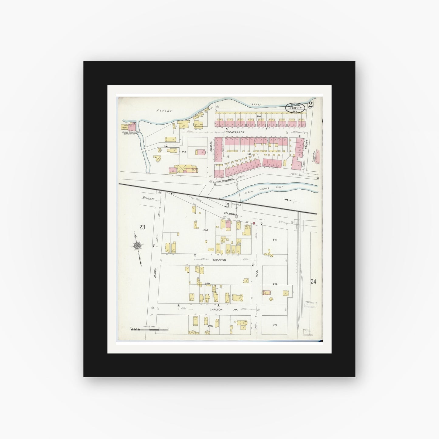 Old map wall art mockup — black gallery frame with white mat — Sanborn Fire Insurance Map from Cohoes, Albany County, New York (1910) - Complete Map Set