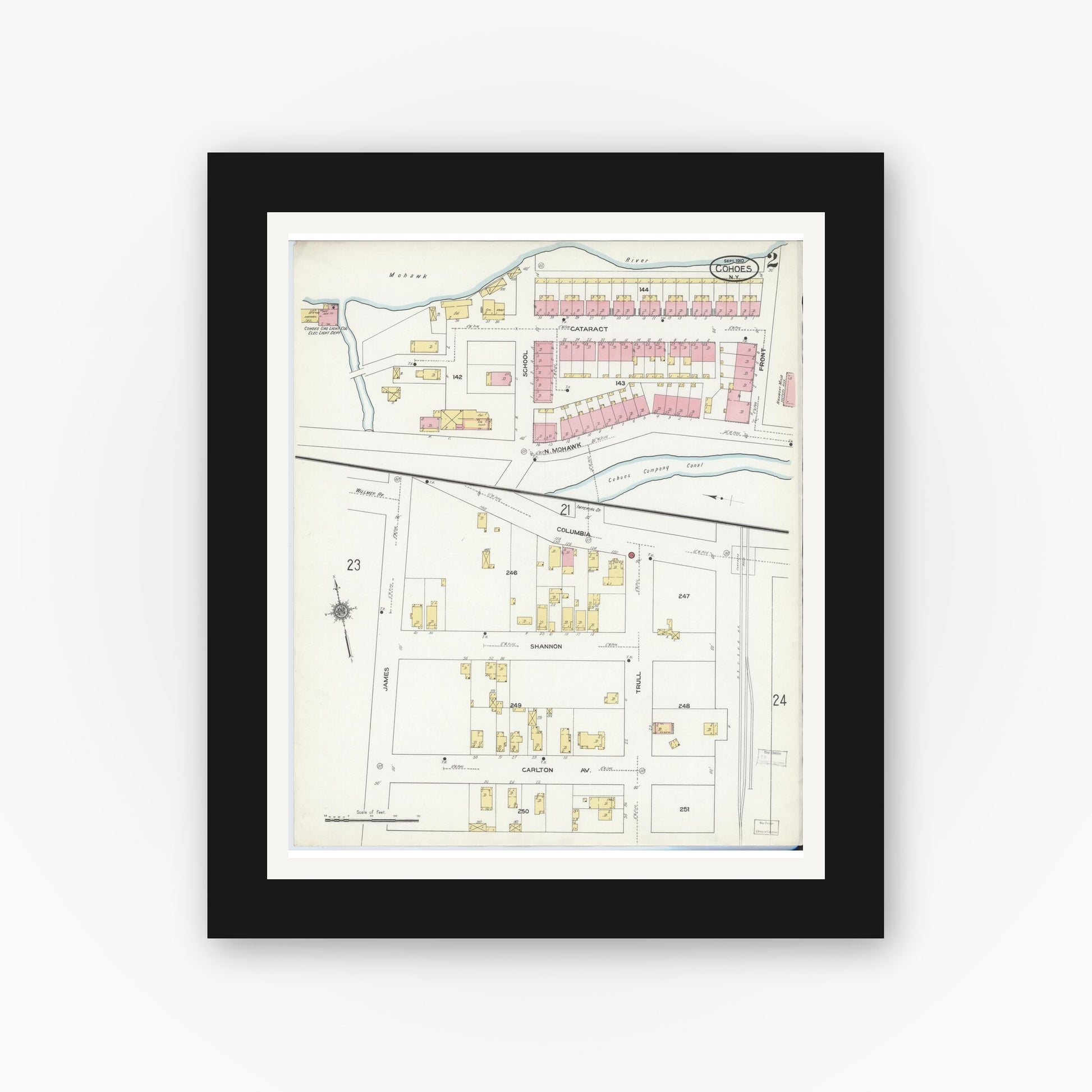 Old map wall art mockup — black gallery frame with white mat — Sanborn Fire Insurance Map from Cohoes, Albany County, New York (1910) - Complete Map Set