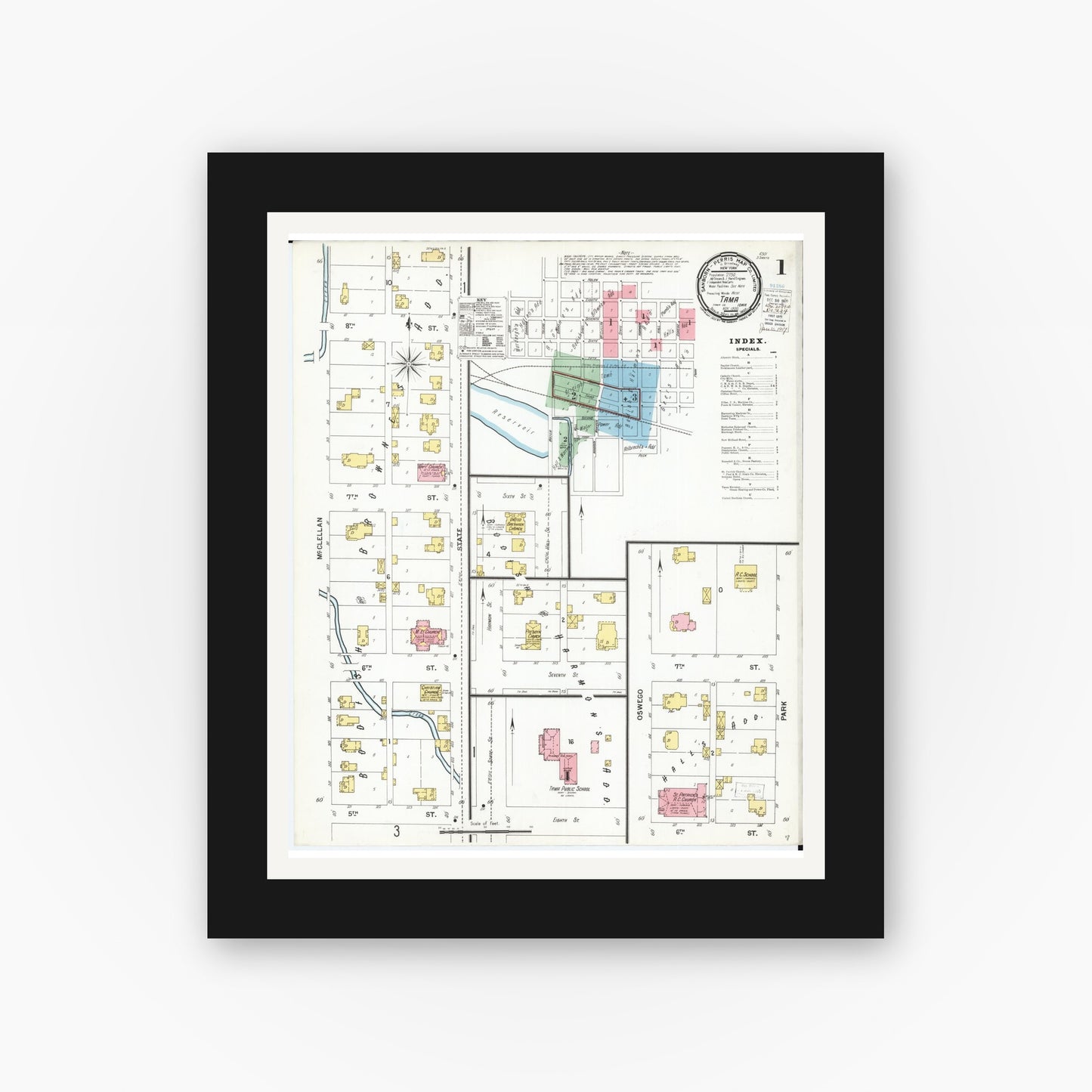 Old map wall art mockup — black gallery frame with white mat — Sanborn Fire Insurance Map from Tama, Tama County, Iowa (1900), Sheet #0001