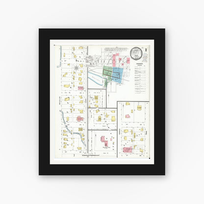 Old map wall art mockup — black gallery frame with white mat — Sanborn Fire Insurance Map from Tama, Tama County, Iowa (1900), Sheet #0001