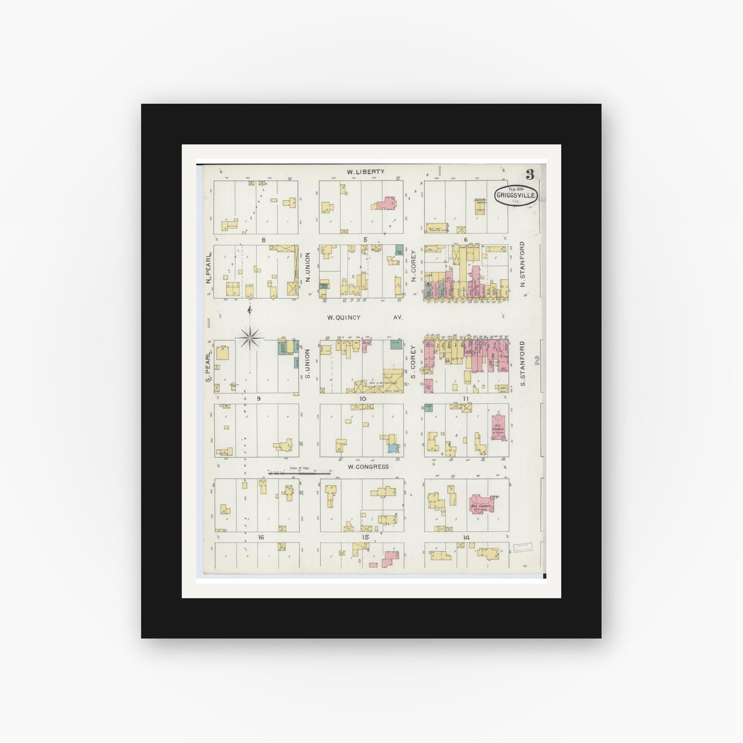 Old map wall art mockup — black gallery frame with white mat — Sanborn Fire Insurance Map from Griggsville, Pike County, Illinois (1894), Sheet #0003