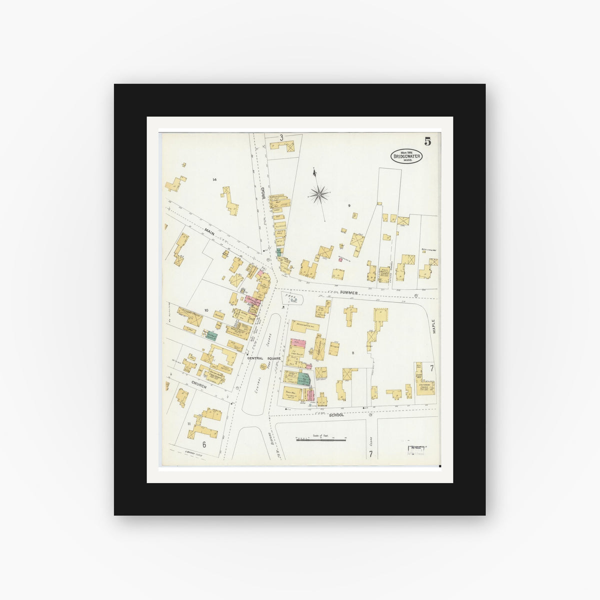 Old map wall art mockup — black gallery frame with white mat — Sanborn Fire Insurance Map from Bridgewater, Plymouth County, Massachusetts (1906), Sheet #0005