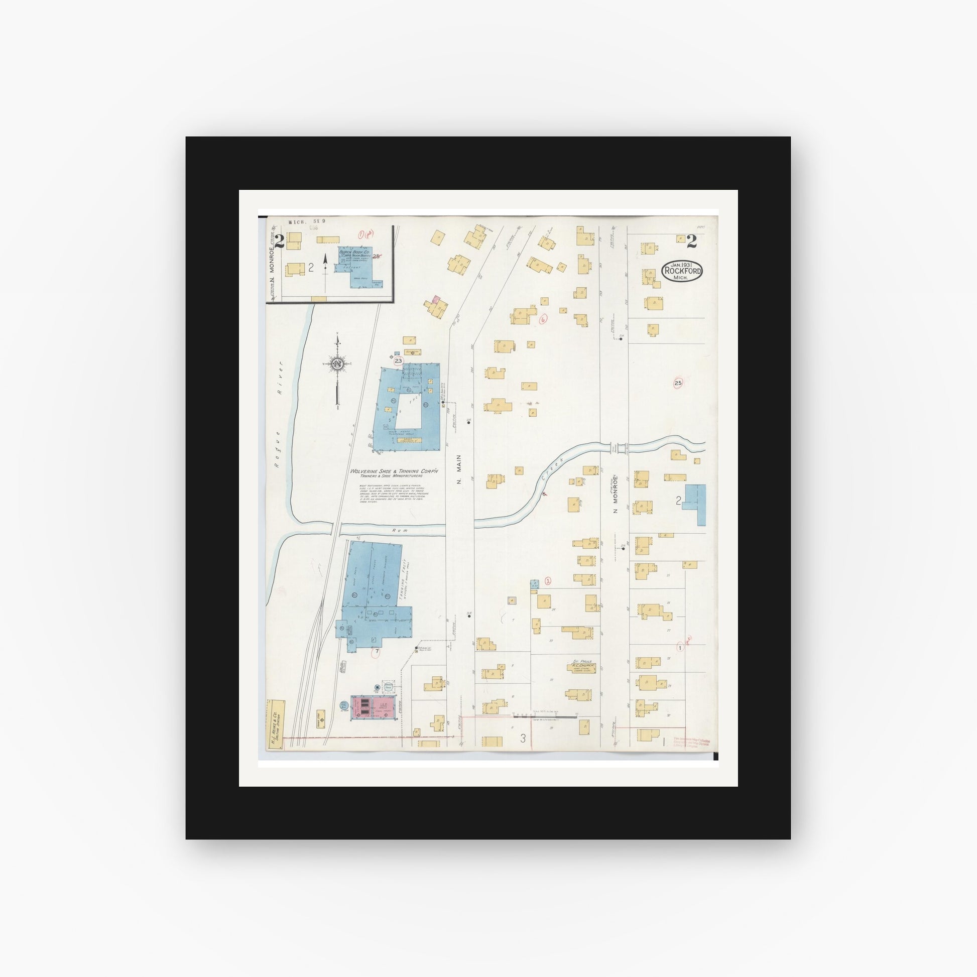 Old map wall art mockup — black gallery frame with white mat — Sanborn Fire Insurance Map from Rockford, Kent County, Michigan (1931), Sheet #0002