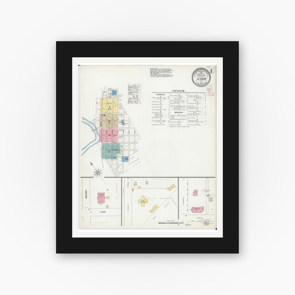 Old map wall art mockup — black gallery frame with white mat — Sanborn Fire Insurance Map from Le Sueur, Le Sueur County, Minnesota (1902), Sheet #0001