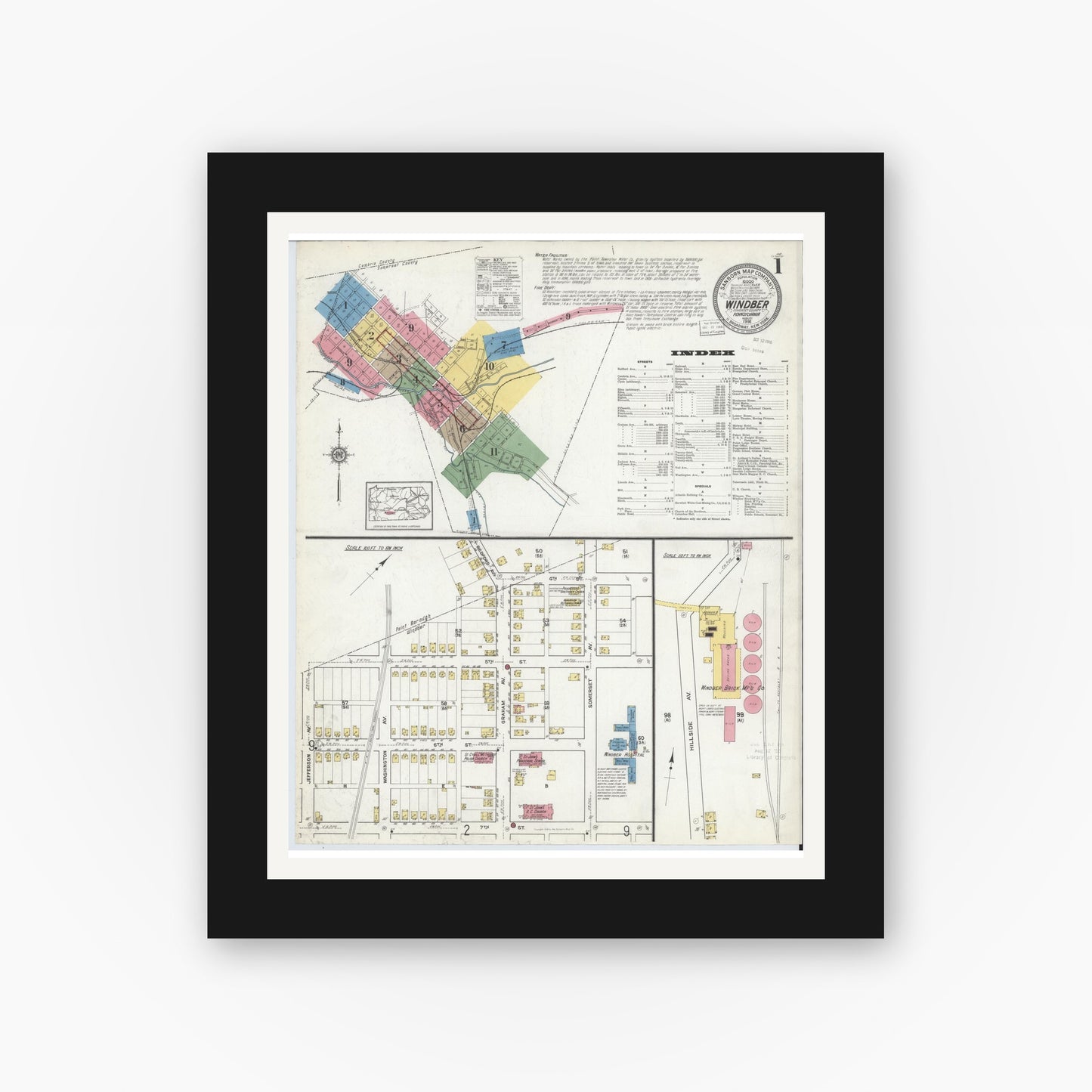 Old map wall art mockup — black gallery frame with white mat — Sanborn Fire Insurance Map from Windber, Somerset County, Pennsylvania (1916) - Complete Map Set
