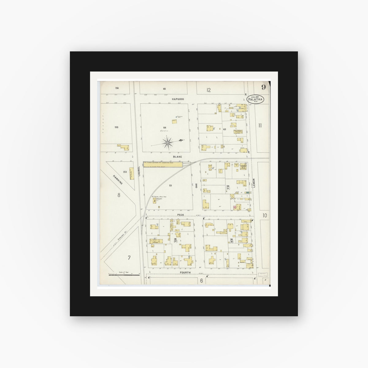 Old map wall art mockup — black gallery frame with white mat — Sanborn Fire Insurance Map from Palatka, Putnam County, Florida (1897), Sheet #0009