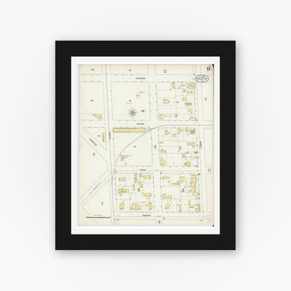 Old map wall art mockup — black gallery frame with white mat — Sanborn Fire Insurance Map from Palatka, Putnam County, Florida (1897), Sheet #0009