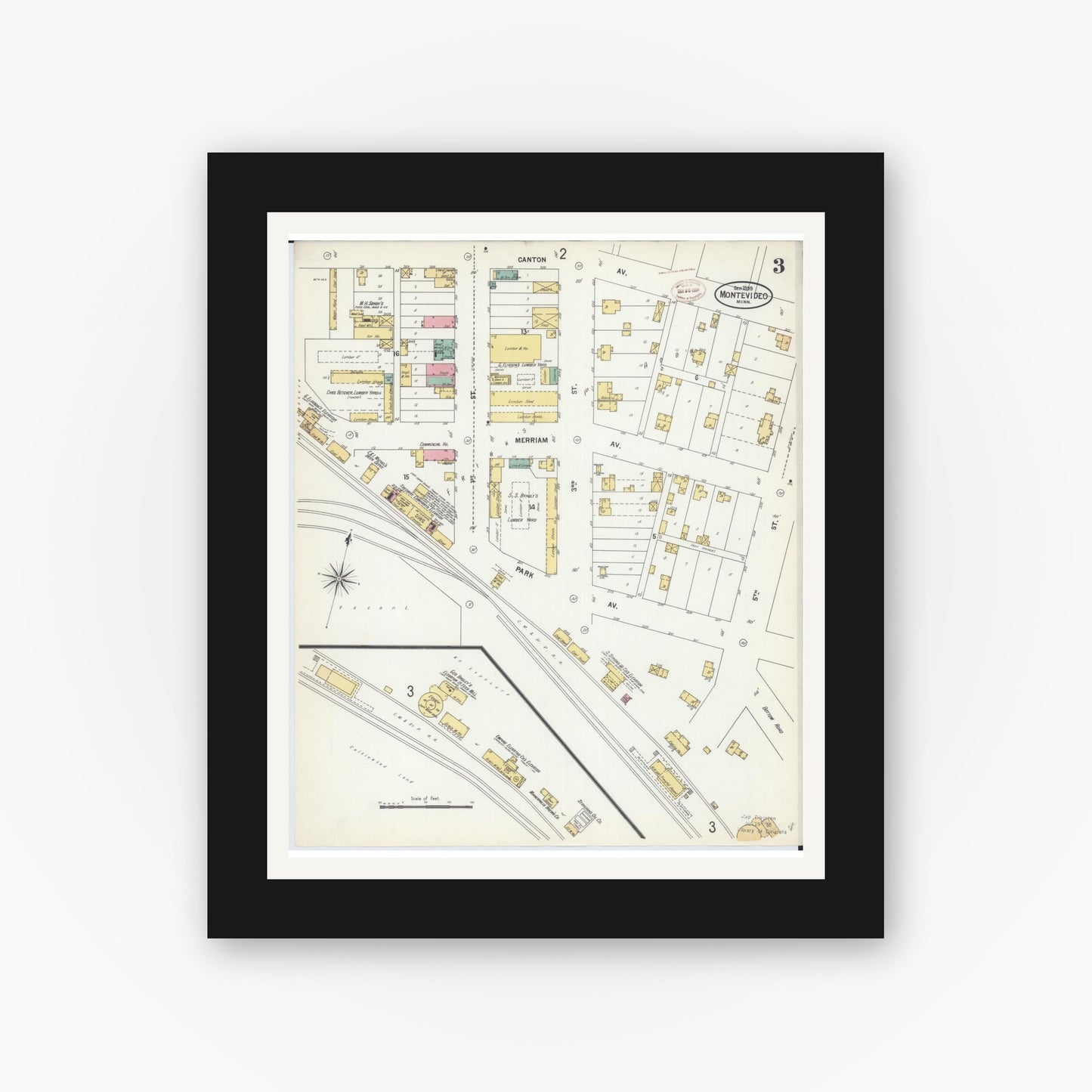Old map wall art mockup — black gallery frame with white mat — Sanborn Fire Insurance Map from Montevideo, Chippewa County, Minnesota (1899), Sheet #0003