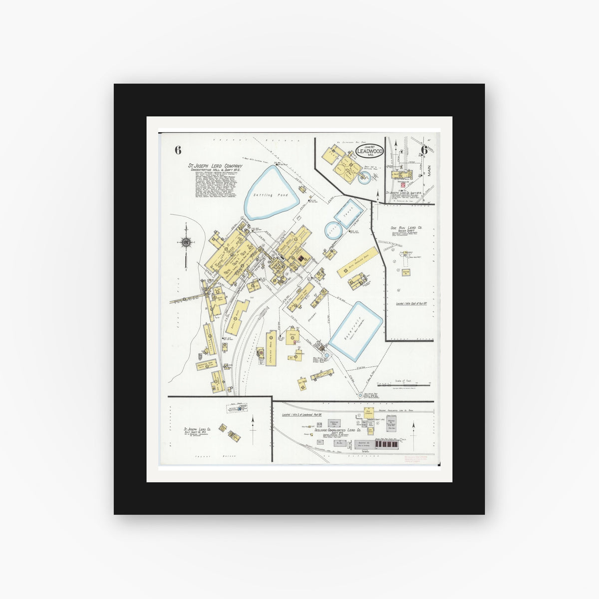 Old map wall art mockup — black gallery frame with white mat — Sanborn Fire Insurance Map from Leadwood, Saint Francois County, Missouri (1927), Sheet #0006
