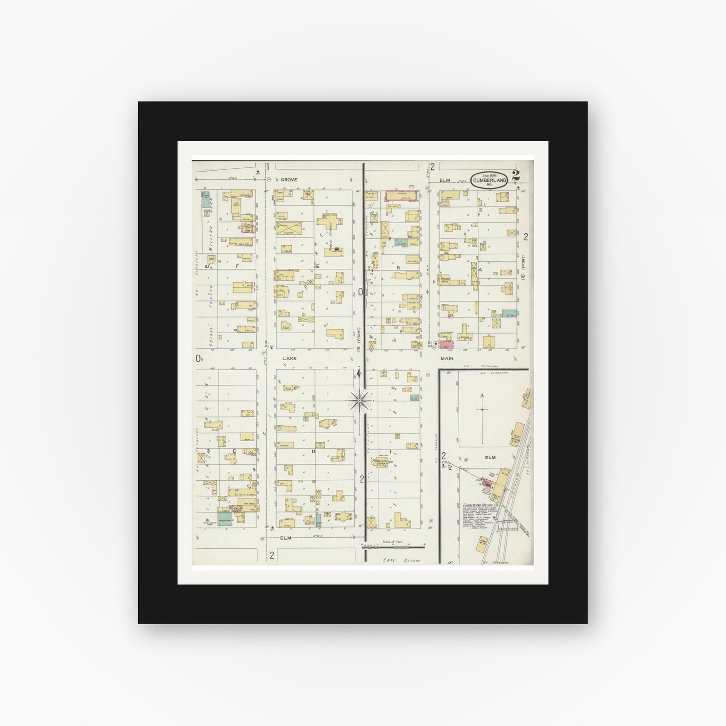Old map wall art mockup — black gallery frame with white mat — Sanborn Fire Insurance Map from Cumberland, Barron County, Wisconsin (1899), Sheet #0002