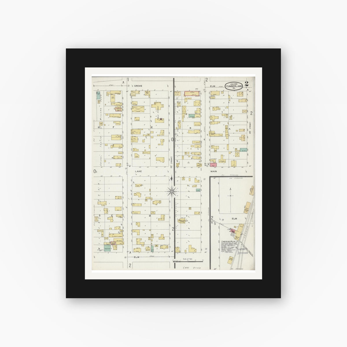 Old map wall art mockup — black gallery frame with white mat — Sanborn Fire Insurance Map from Cumberland, Barron County, Wisconsin (1899), Sheet #0002