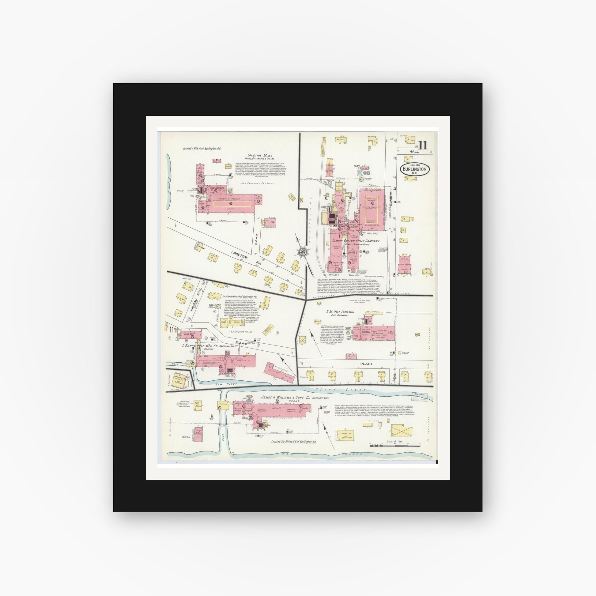 Old map wall art mockup — black gallery frame with white mat — Sanborn Fire Insurance Map from Burlington, Alamance County, North Carolina (1913), Sheet #0011