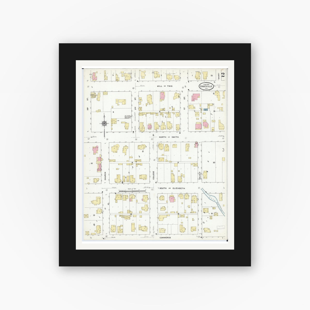 Old map wall art mockup — black gallery frame with white mat — Sanborn Fire Insurance Map from Grayville, White And Edwards Counties, Illinois (1910), Sheet #0002
