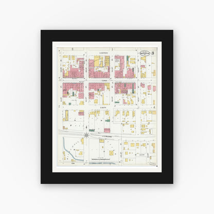 Old map wall art mockup — black gallery frame with white mat — Sanborn Fire Insurance Map from Washington, Daviess County, Indiana (1902), Sheet #0003