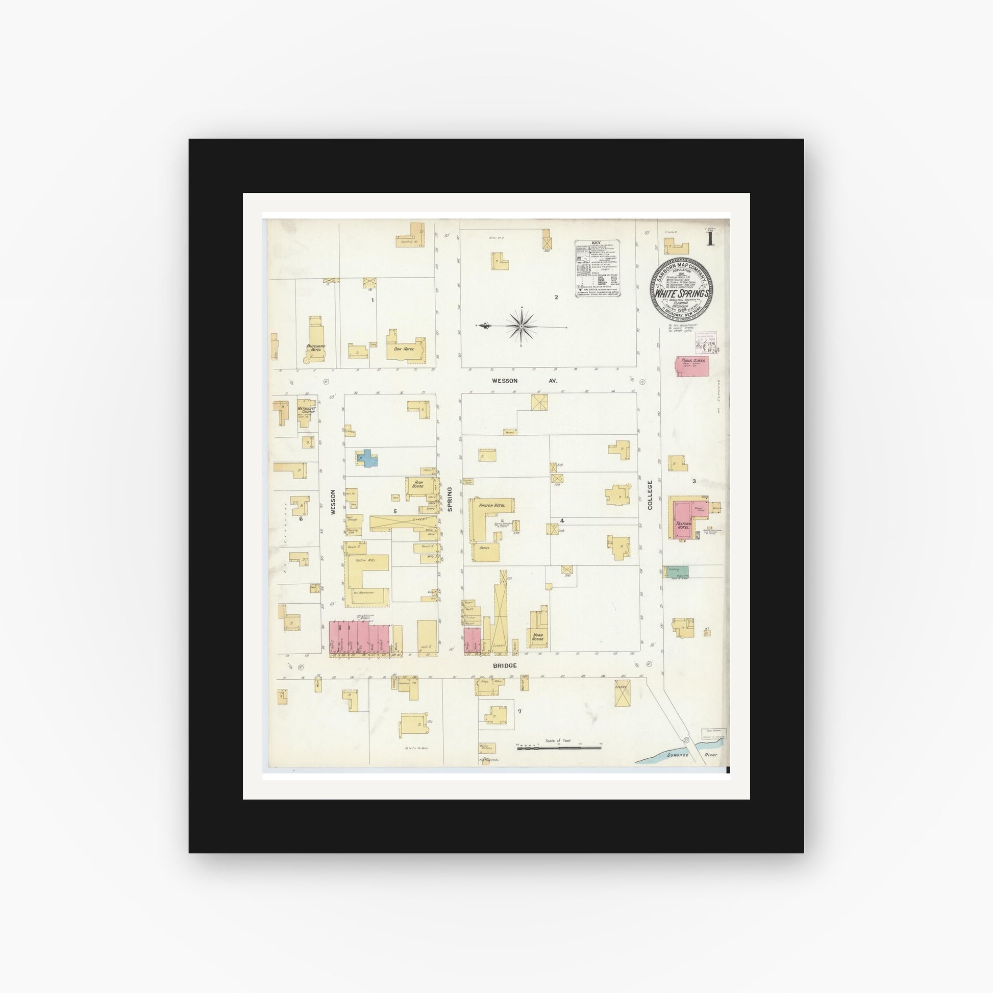 Old map wall art mockup — black gallery frame with white mat — Sanborn Fire Insurance Map from White Springs, Hamilton County, Florida (1908), Sheet #0001