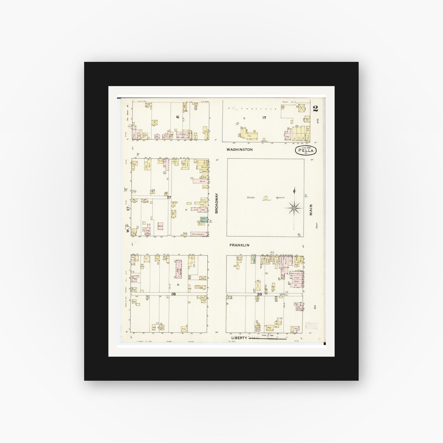 Old map wall art mockup — black gallery frame with white mat — Sanborn Fire Insurance Map from Pella, Marion County, Iowa (1888), Sheet #0002