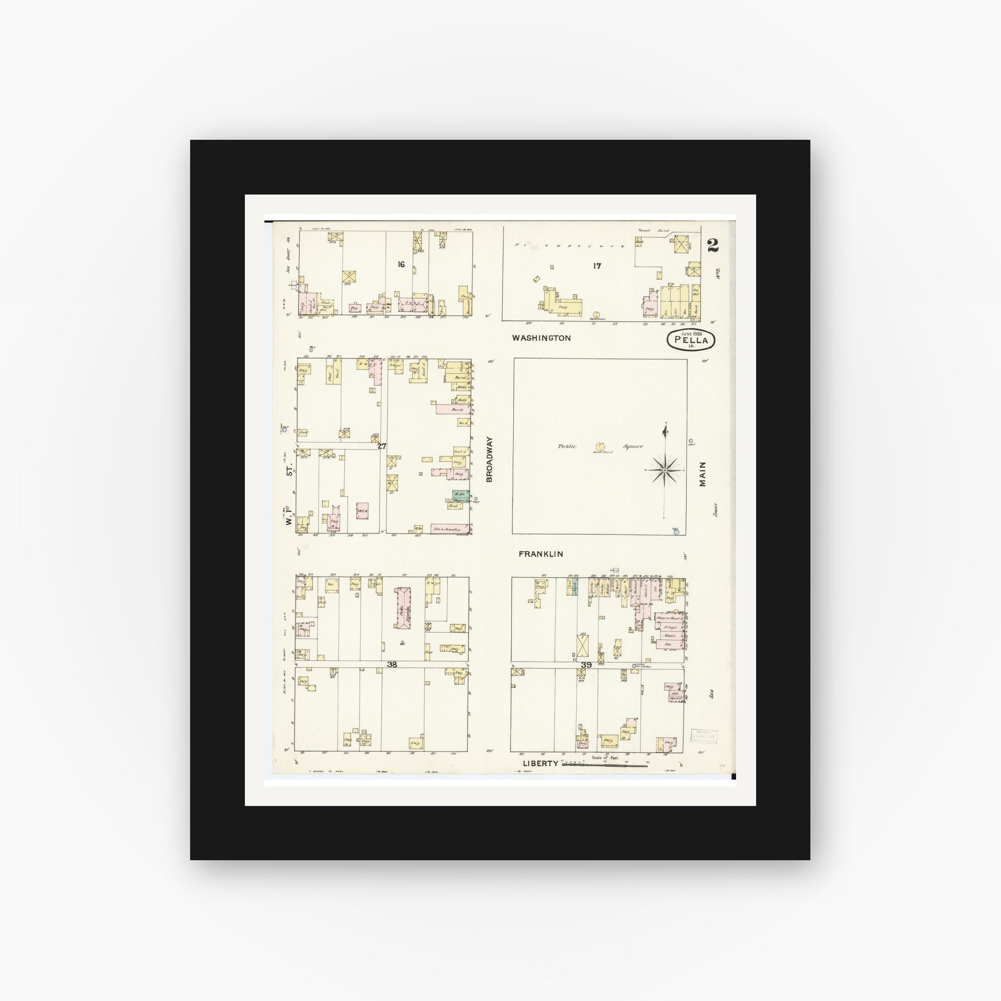 Old map wall art mockup — black gallery frame with white mat — Sanborn Fire Insurance Map from Pella, Marion County, Iowa (1888), Sheet #0002