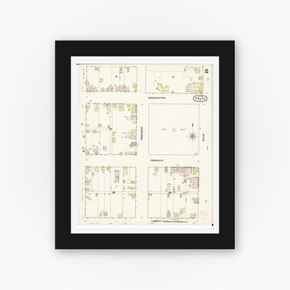 Old map wall art mockup — black gallery frame with white mat — Sanborn Fire Insurance Map from Pella, Marion County, Iowa (1888), Sheet #0002