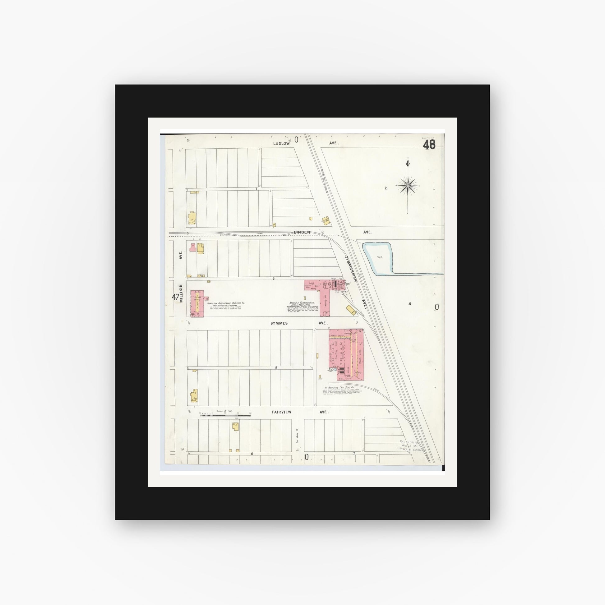 Old map wall art mockup — black gallery frame with white mat — Sanborn Fire Insurance Map from Hamilton, Butler County, Ohio (1899), Sheet #0048