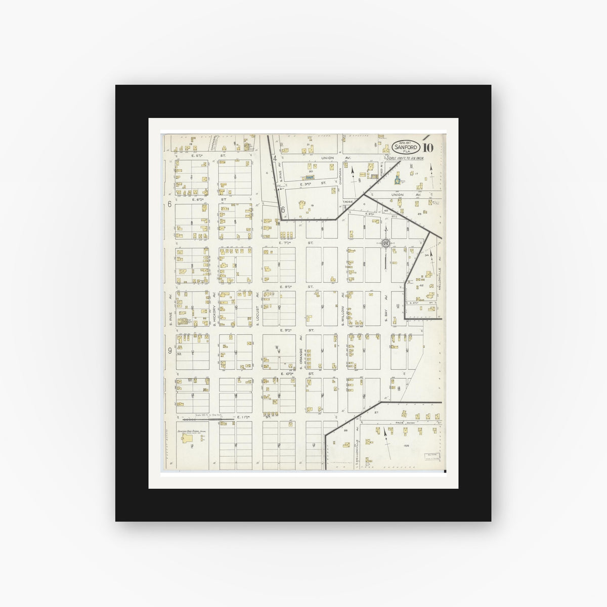 Old map wall art mockup — black gallery frame with white mat — Sanborn Fire Insurance Map from Sanford, Seminole County, Florida (1917), Sheet #0010