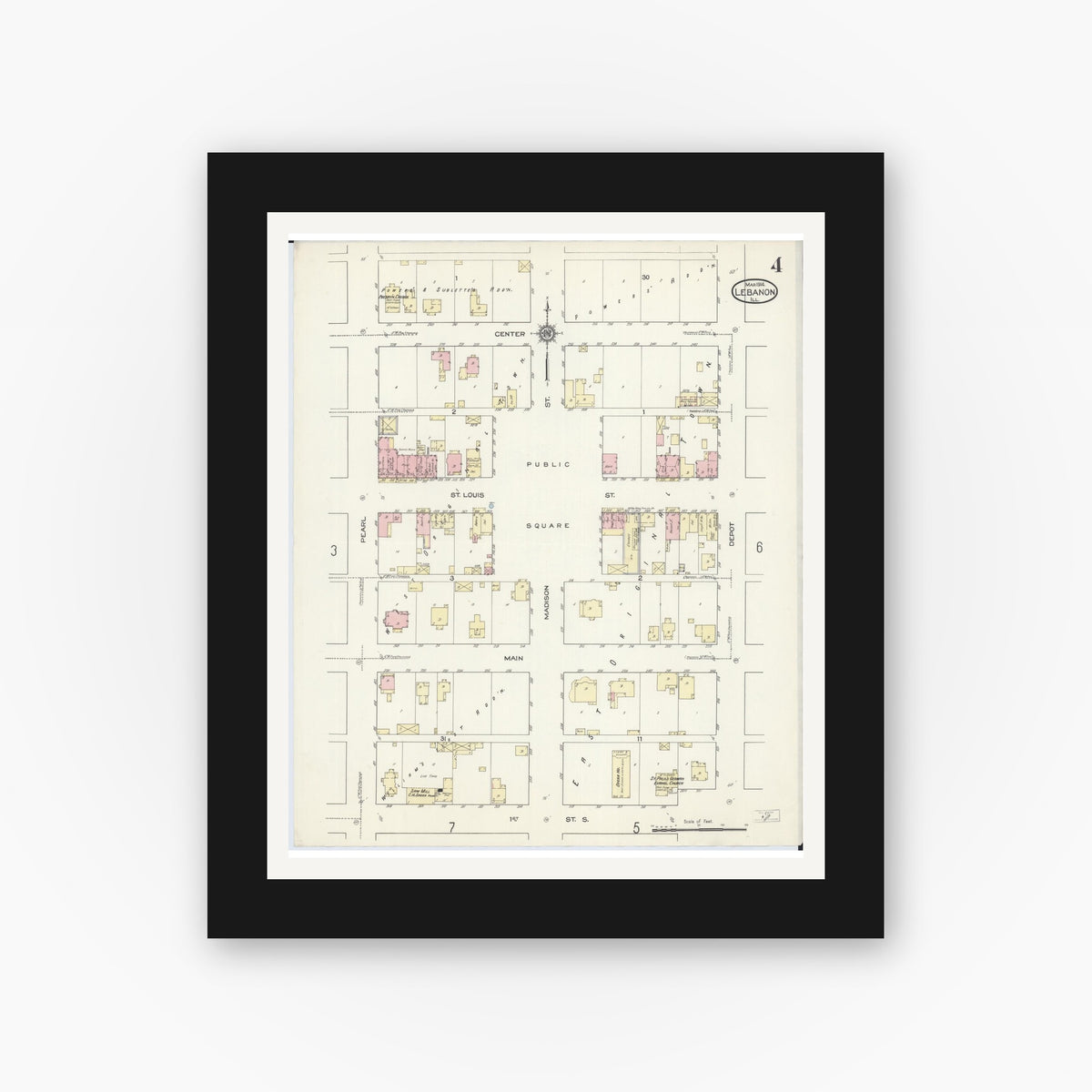 Old map wall art mockup — black gallery frame with white mat — Sanborn Fire Insurance Map from Lebanon, Saint Clair County, Illinois (1914), Sheet #0004