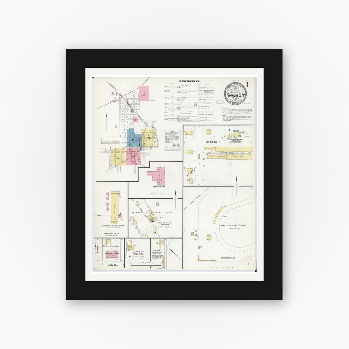 Old map wall art mockup — black gallery frame with white mat — Sanborn Fire Insurance Map from Farmer City, De Witt County, Illinois (1911) - Complete Map Set