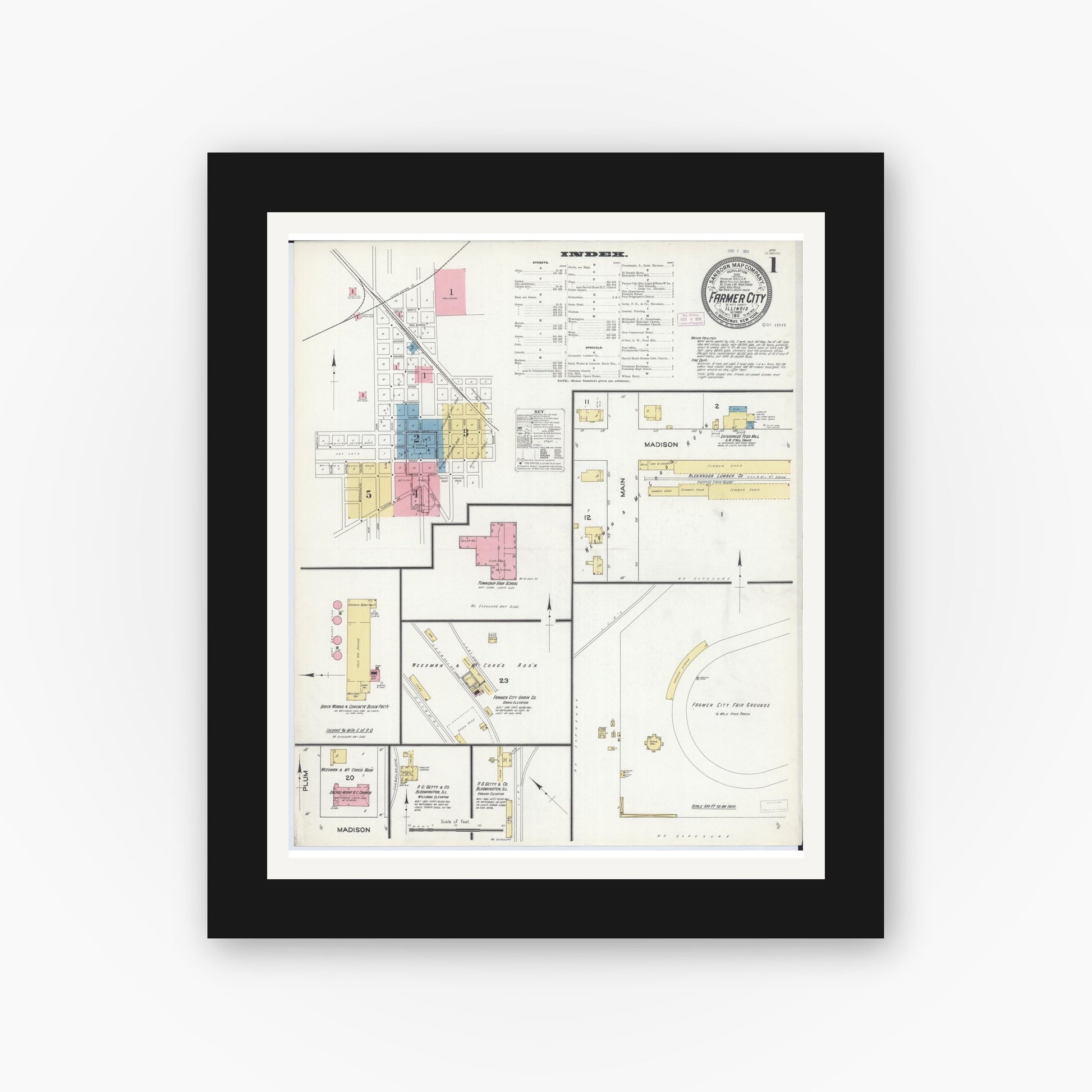 Old map wall art mockup — black gallery frame with white mat — Sanborn Fire Insurance Map from Farmer City, De Witt County, Illinois (1911) - Complete Map Set