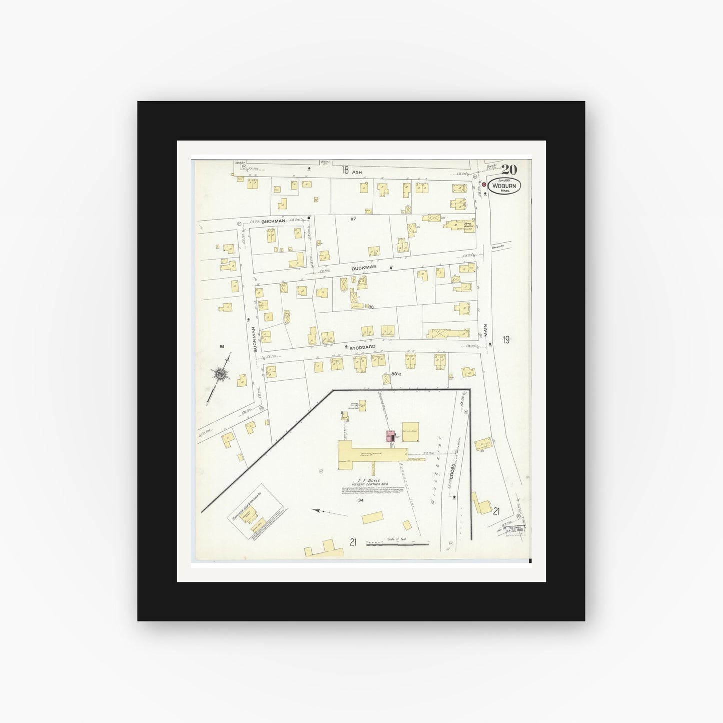 Old map wall art mockup — black gallery frame with white mat — Sanborn Fire Insurance Map from Woburn, Middlesex County, Massachusetts (1910), Sheet #0020