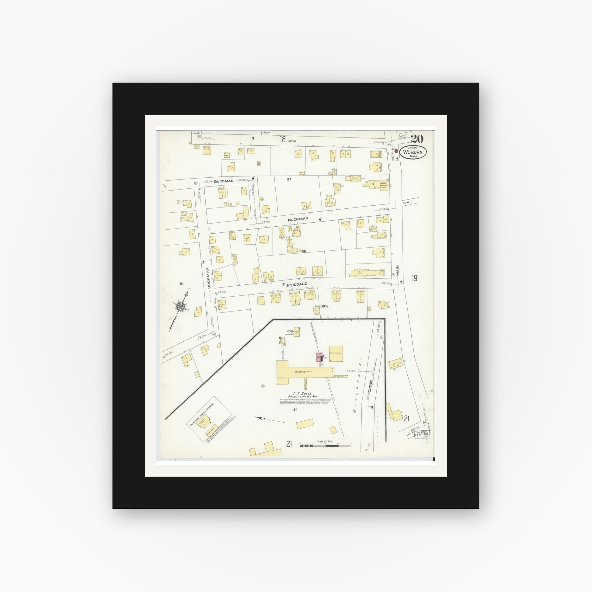 Old map wall art mockup — black gallery frame with white mat — Sanborn Fire Insurance Map from Woburn, Middlesex County, Massachusetts (1910), Sheet #0020