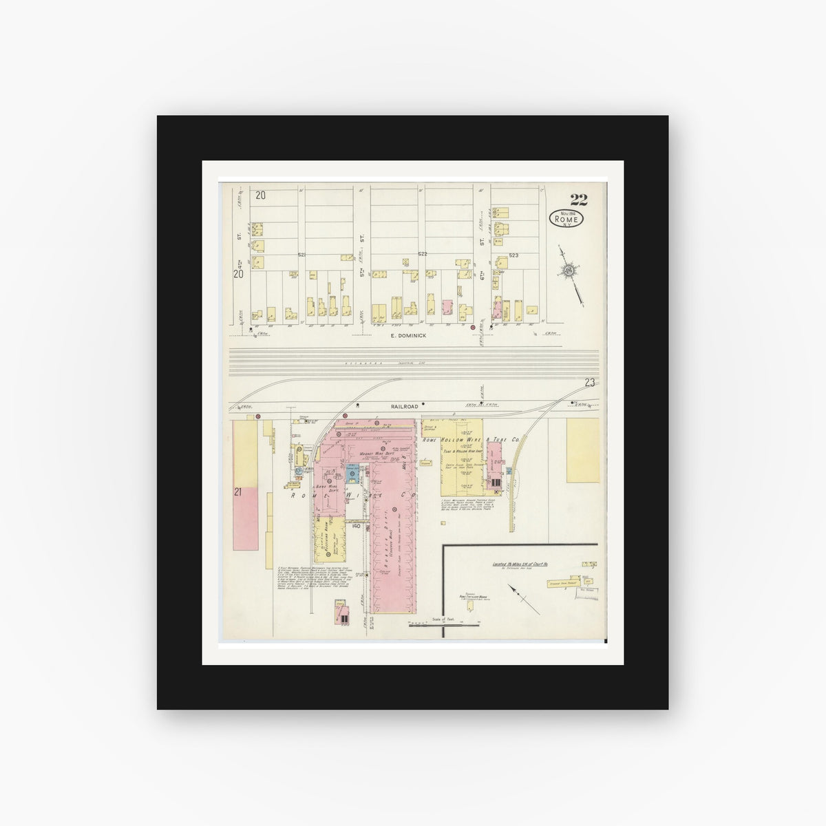 Old map wall art mockup — black gallery frame with white mat — Sanborn Fire Insurance Map from Rome, Oneida County, New York (1914), Sheet #0022