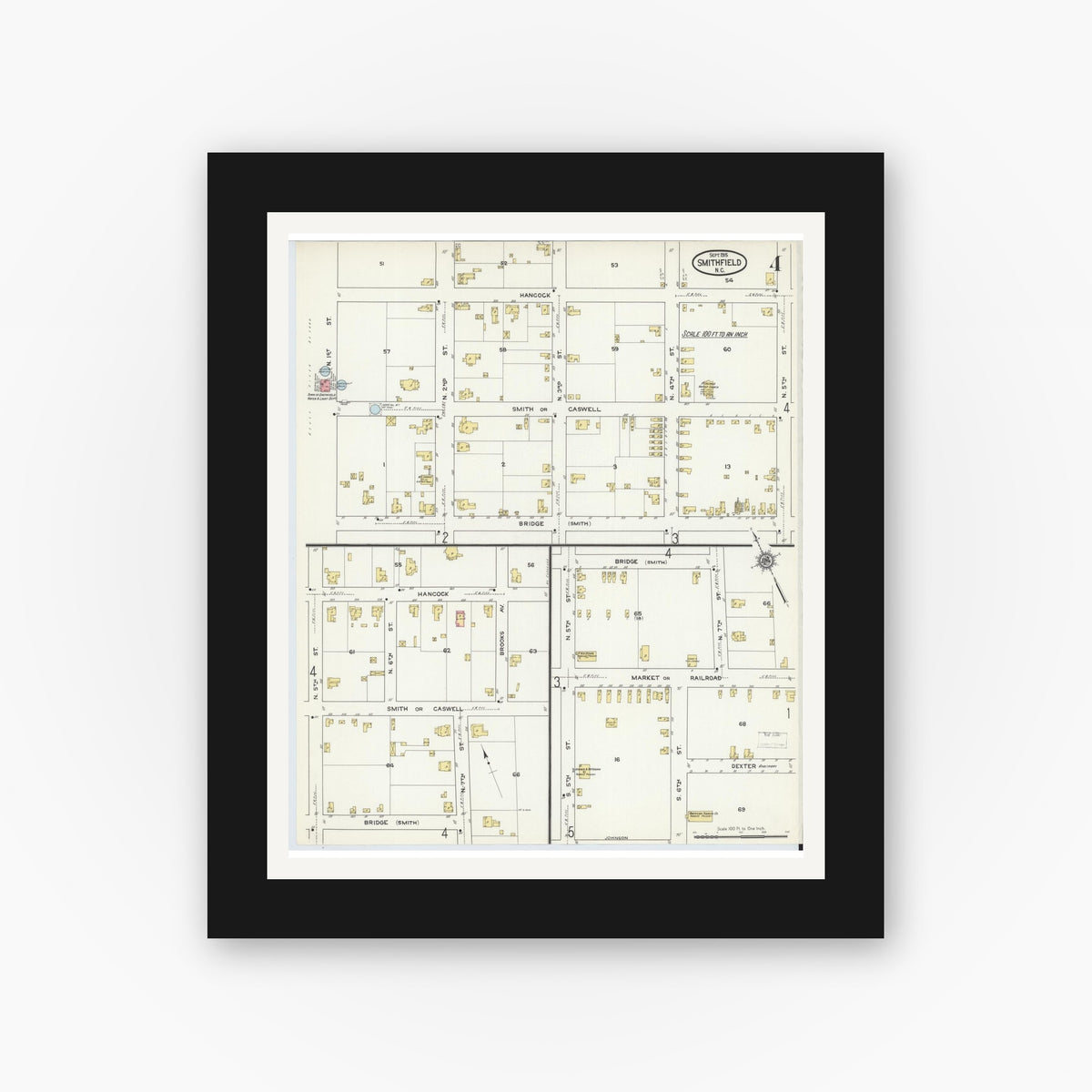 Old map wall art mockup — black gallery frame with white mat — Sanborn Fire Insurance Map from Smithfield, Johnston County, North Carolina (1915), Sheet #0004