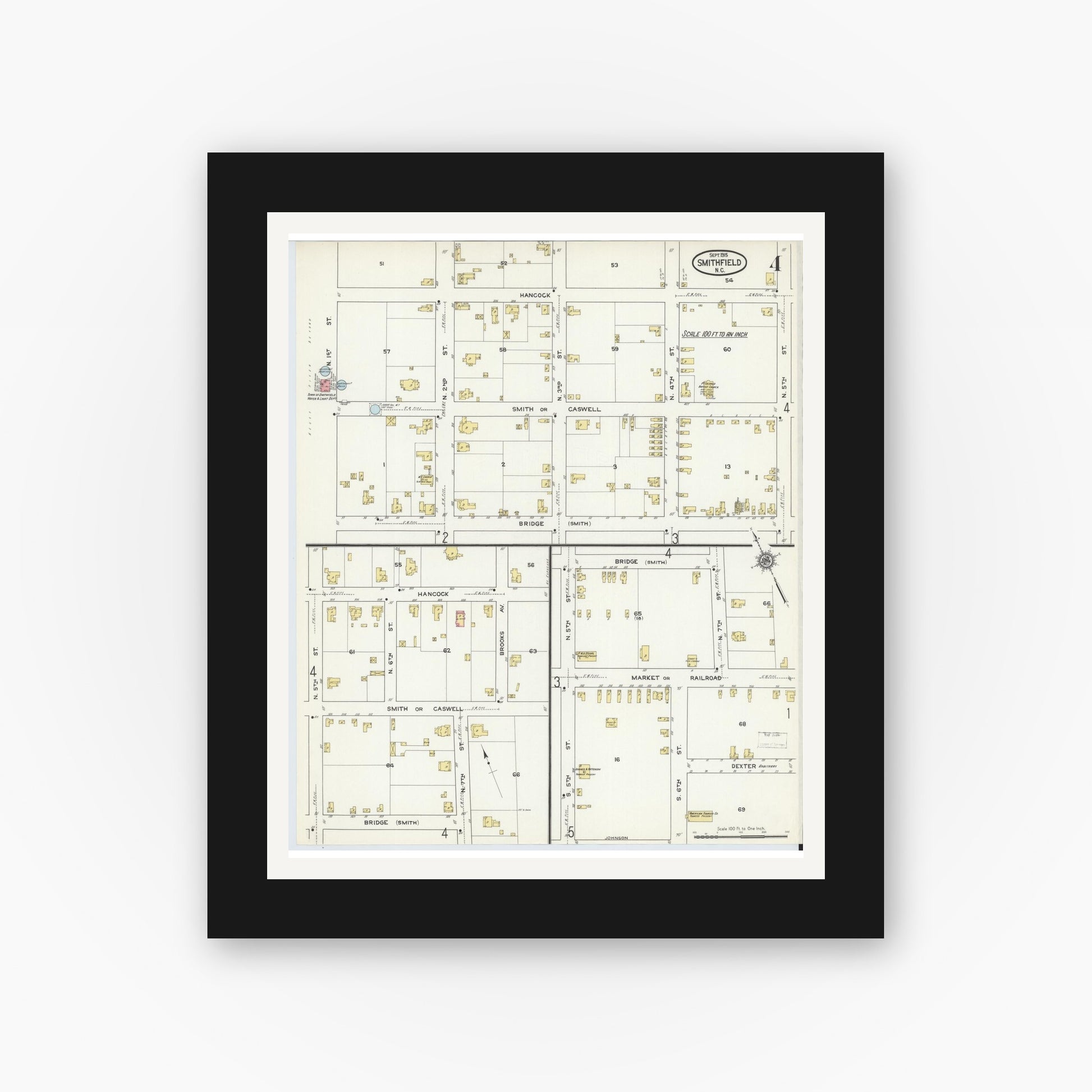 Old map wall art mockup — black gallery frame with white mat — Sanborn Fire Insurance Map from Smithfield, Johnston County, North Carolina (1915), Sheet #0004